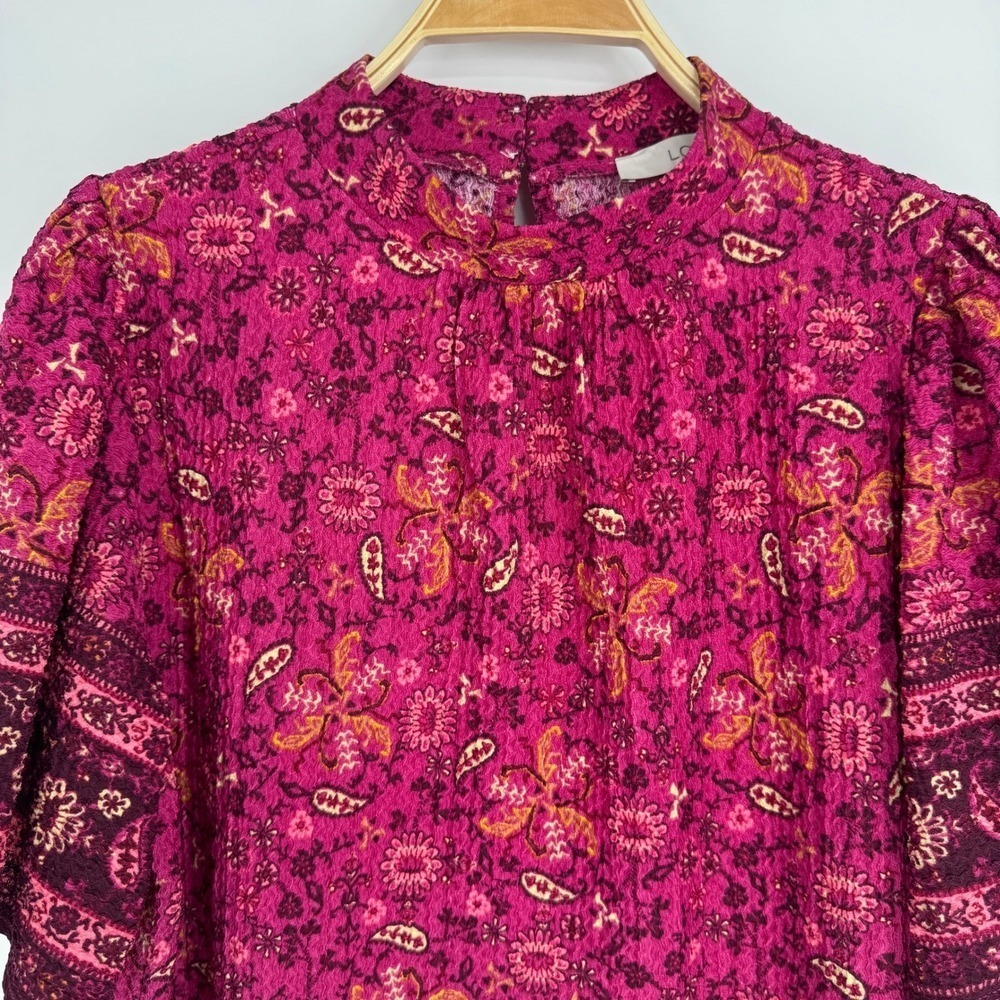 LOFT Blouse Top Size Large Pink Floral Print Short Sleeve Boho Feminine Casual - Picture 5 of 11